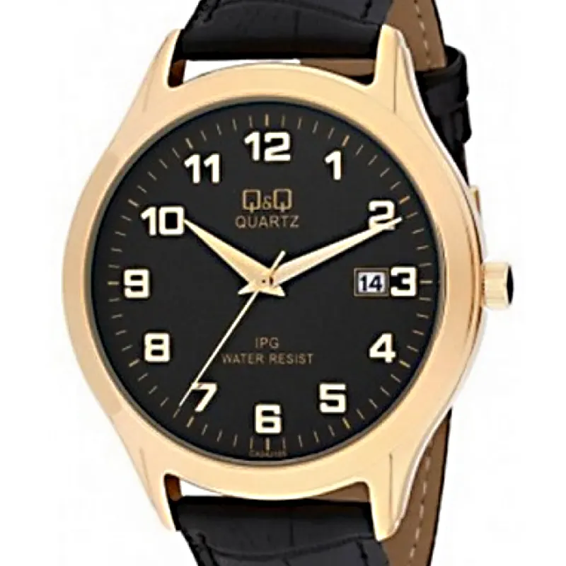 Q&Q Black Dial Gold Bezel Synthetic Leather Men's Watch- C212J100Y